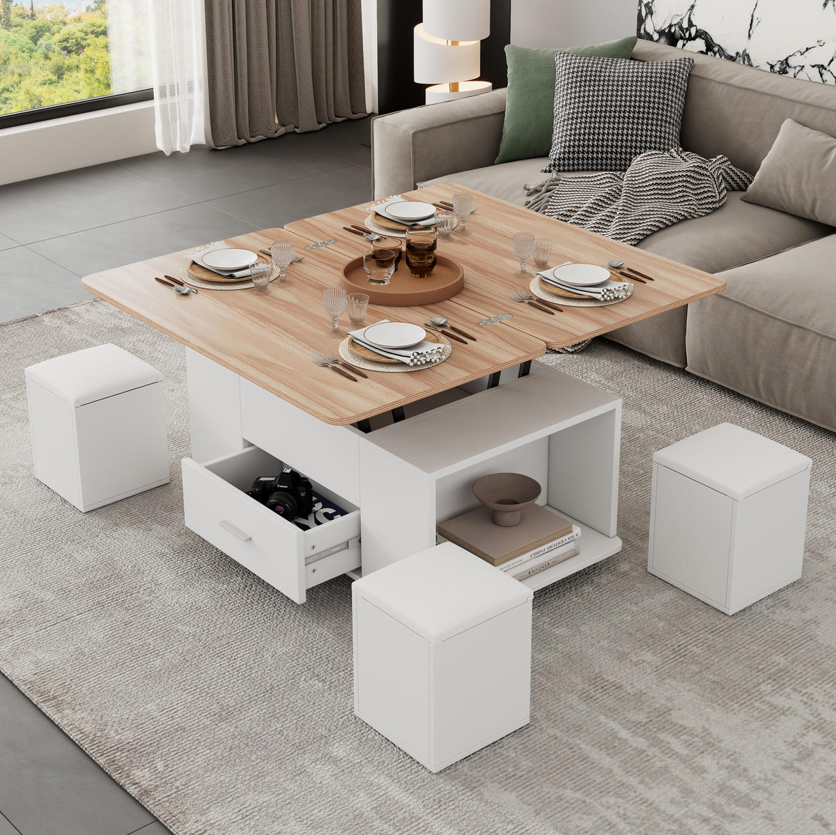 COUCHTISCH 100/50 cm höhenverstellbar mit Stauraum und 4 Hockern - Weiß, Holzwerkstoff (100/50/45cm) - Flora Grace