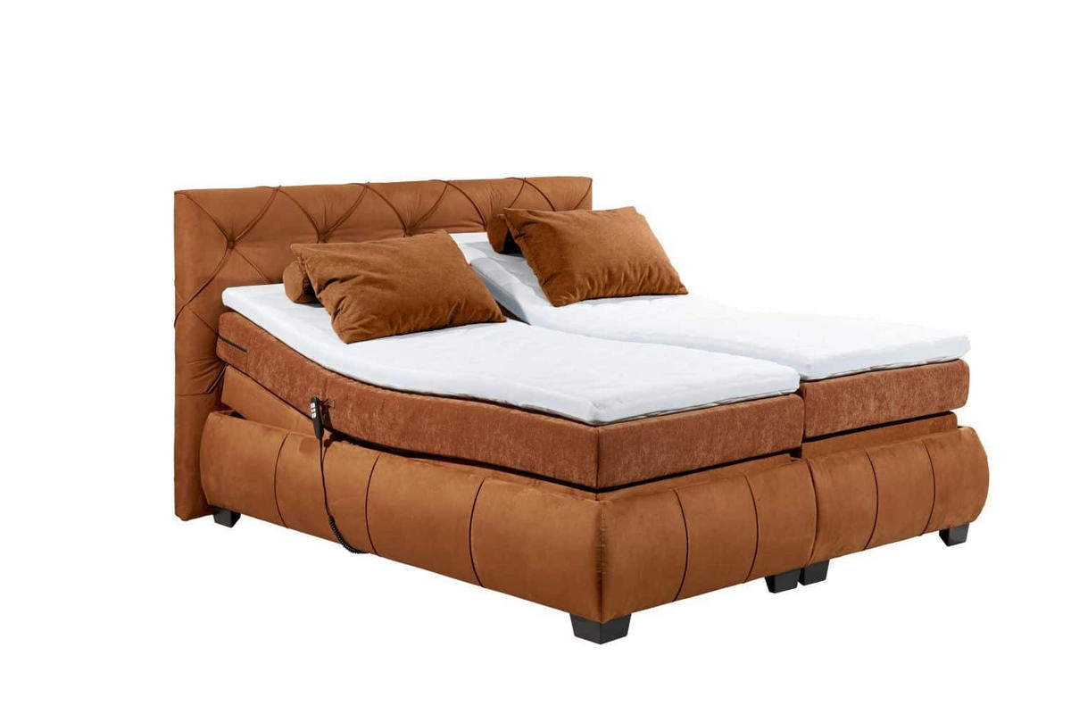 BOXSPRINGBETT 180x200 – Motorfunktion, 7-Zonen-Tonnentaschen-Federkernmatratze, Gel-Lux-Topper - Cognac/Anthrazit, Holz/Kunststoff (180/200cm) - ed exciting design
