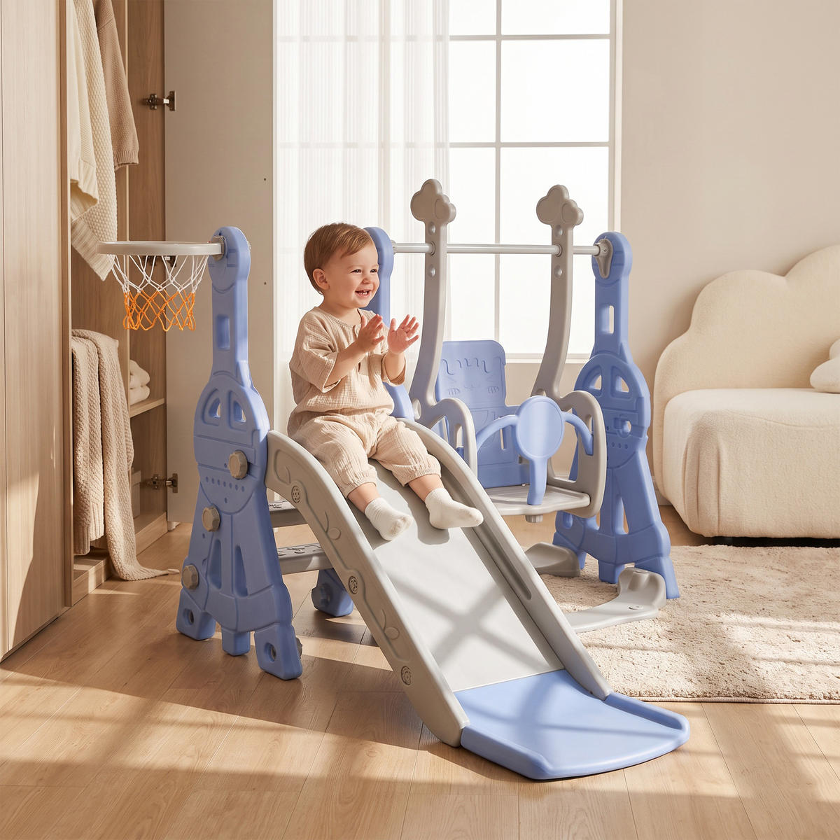 KINDERRUTSCHE 4 in 1 Indoor und Outdoor Babyrutsche mit Basketballkorb, Blau - Blau, Kunststoff (118/102/140cm) - GENKI LIVING
