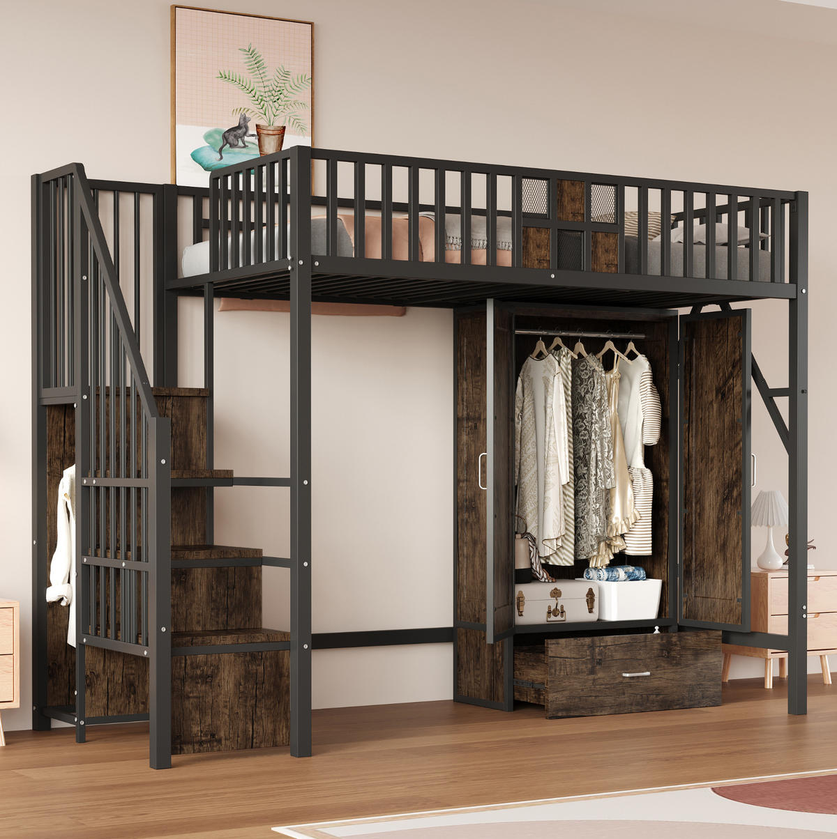 HOCHBETT 90/200 cm Schwarz mit Kleiderschrank und Sicherheitsleiter mit Matratze - Schwarz, Metall (90/200cm) - OKWISH