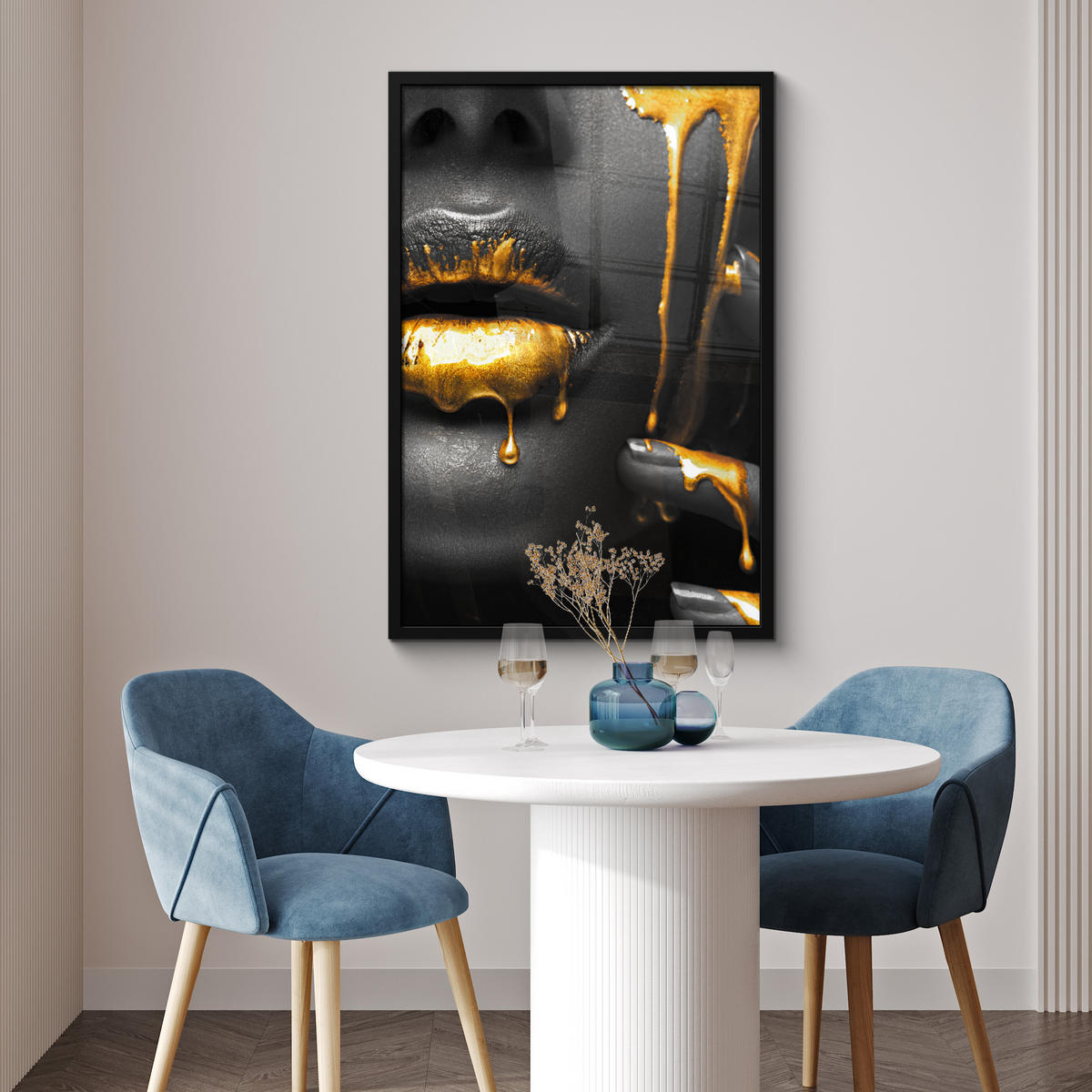ZARÁMOVANÝ PLAGÁT Žena - čierna - zlatá - tvár - pery 60x90 cm - zlatá, papier (60/90cm) - MuchoWow