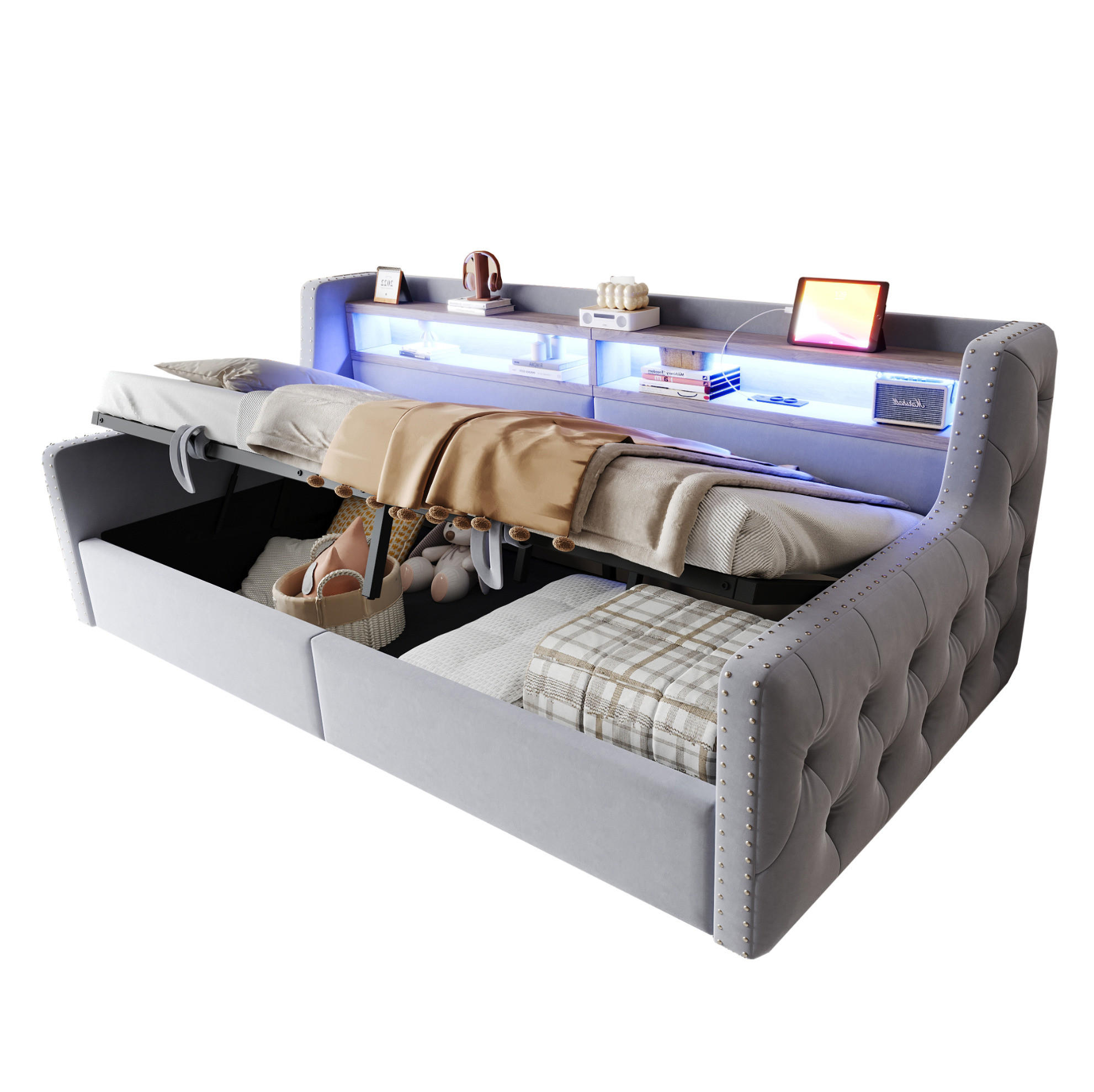 POLSTERBETT 90/200 cm aus Samt mit LED-Beleuchtung, Hellgrau - Hellgrau, Textil (90/200cm) - OKMYHOME
