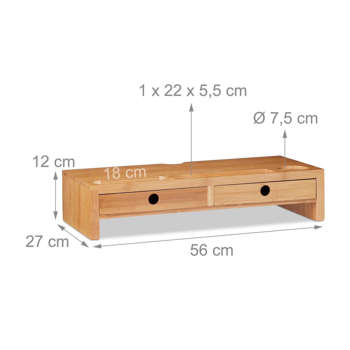 MONITORSTÄNDER Natur Bambus 2 Schubladen 12x56x27 cm - Hellbraun, Holz (27/56/12cm) - Relaxdays