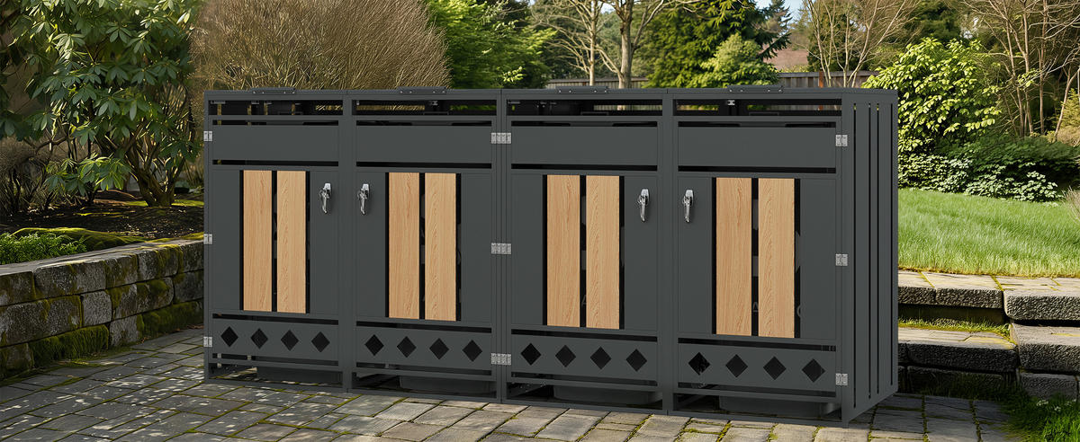 MÜLLTONNENBOX Klappdeckel 4 Türen Holzoptik vertikal - Grau, Metall (132/118.5/80cm) - LEBENLANG