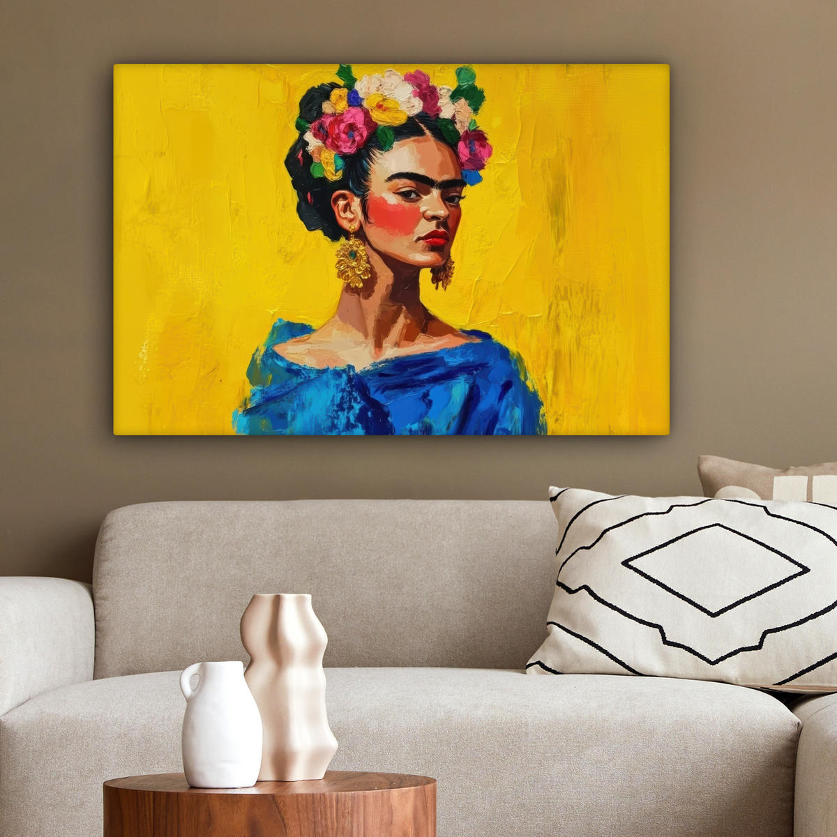 LEINWANDBILD Frida Kahlo - Frau - Gelb - Blau - Blumen Gemälde 60x40 cm - Gelb, Textil (60/40cm) - MuchoWow