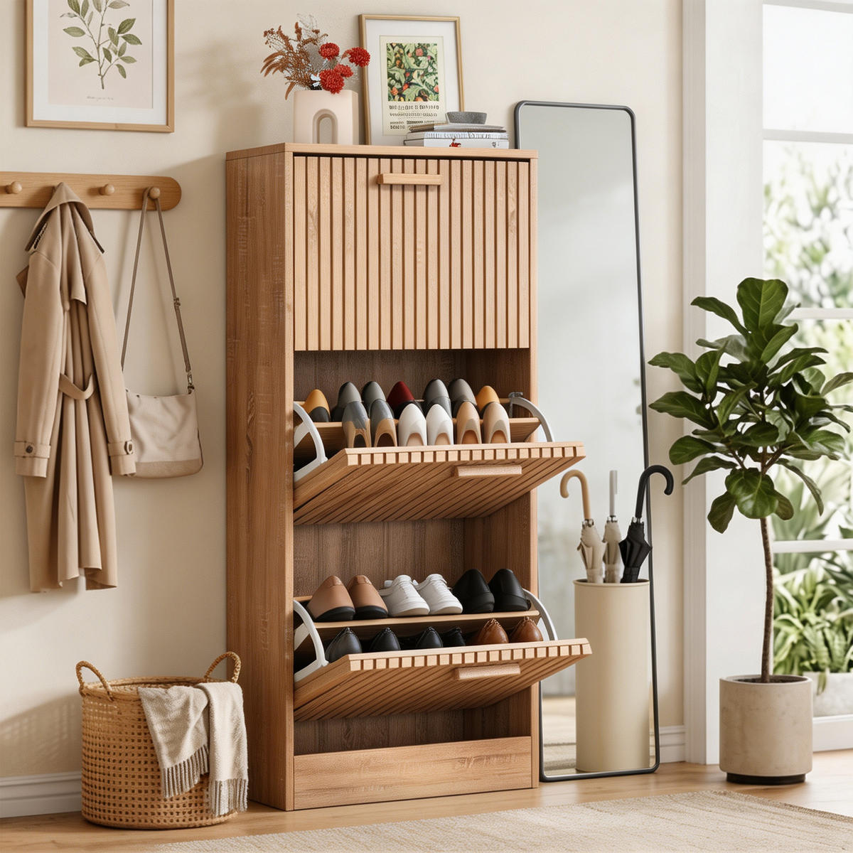 RATTAN-SCHUHSCHRANK mit 3 Türen, staub- und schmutzabweisend, Flurmöbel, 60 x 24 x 113 cm - Hellbraun, Holzwerkstoff/Metall (24/113/60cm) - GENKI LIVING