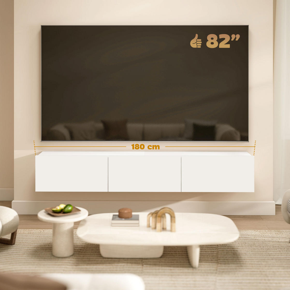 TV Schrank Lowboard hängend 180 cm für Fernseher bis zu 82 Zoll Weiß - Weiß Hochglanz/Weiß, Holzwerkstoff (31.5/29.8/180cm) - HOMCOM