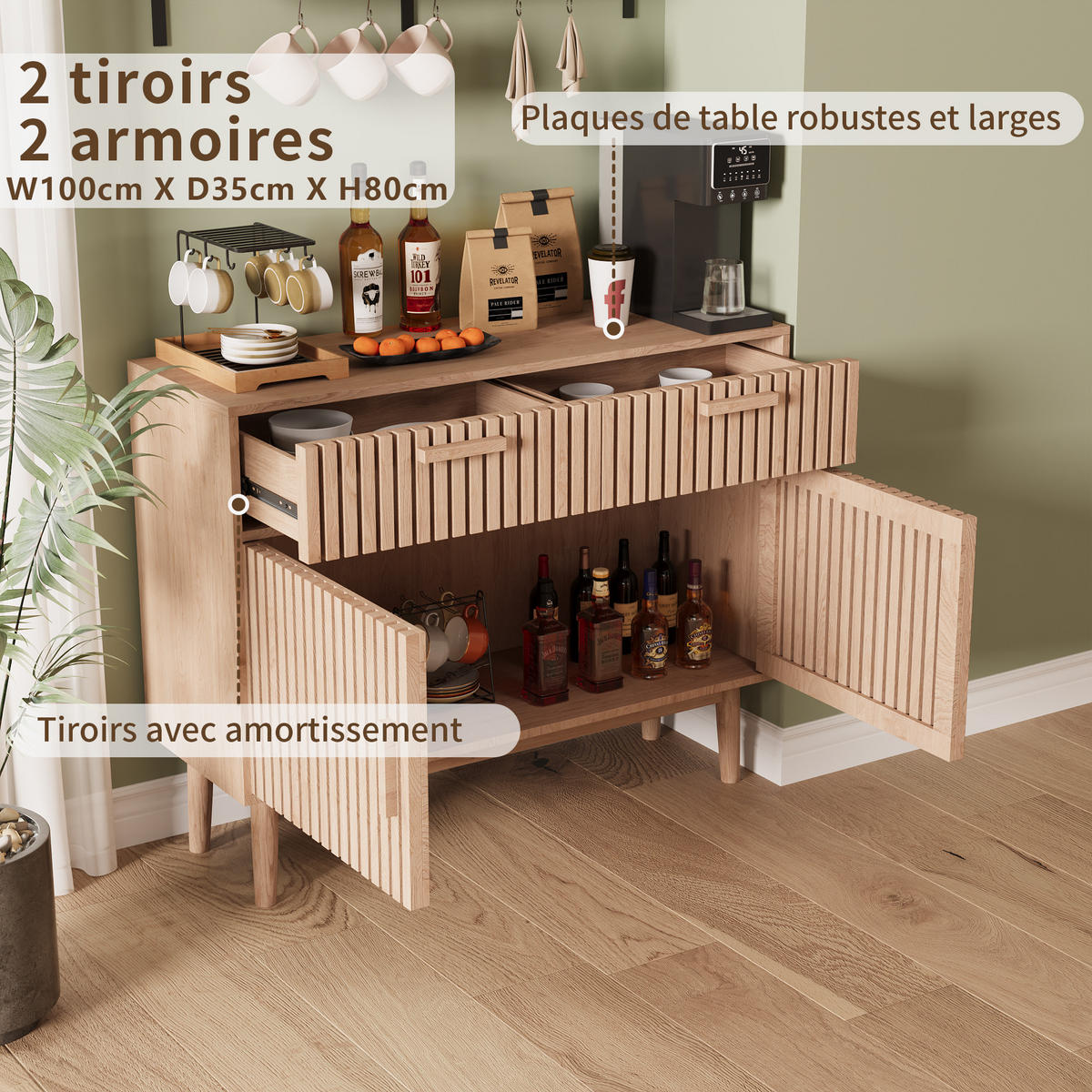 SIDEBOARD 100x35x80 cm 2 Schubladen 2 Türen Holz natur - Naturfarben, Holz (100/80/35cm) - Fortuna Lai