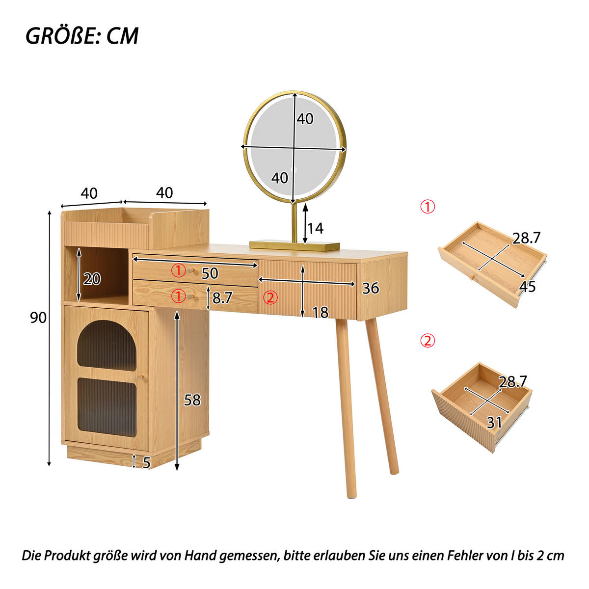 SCHMINKTISCH in Naturfarben Frisiertisch mit LED-Spiegel & 3-Farb-Beleuchtung Kosmetiktisch aus Holz B120/T40/H90cm - Naturfarben, Holzwerkstoff/Metall (120/90/40cm) - STILVORA