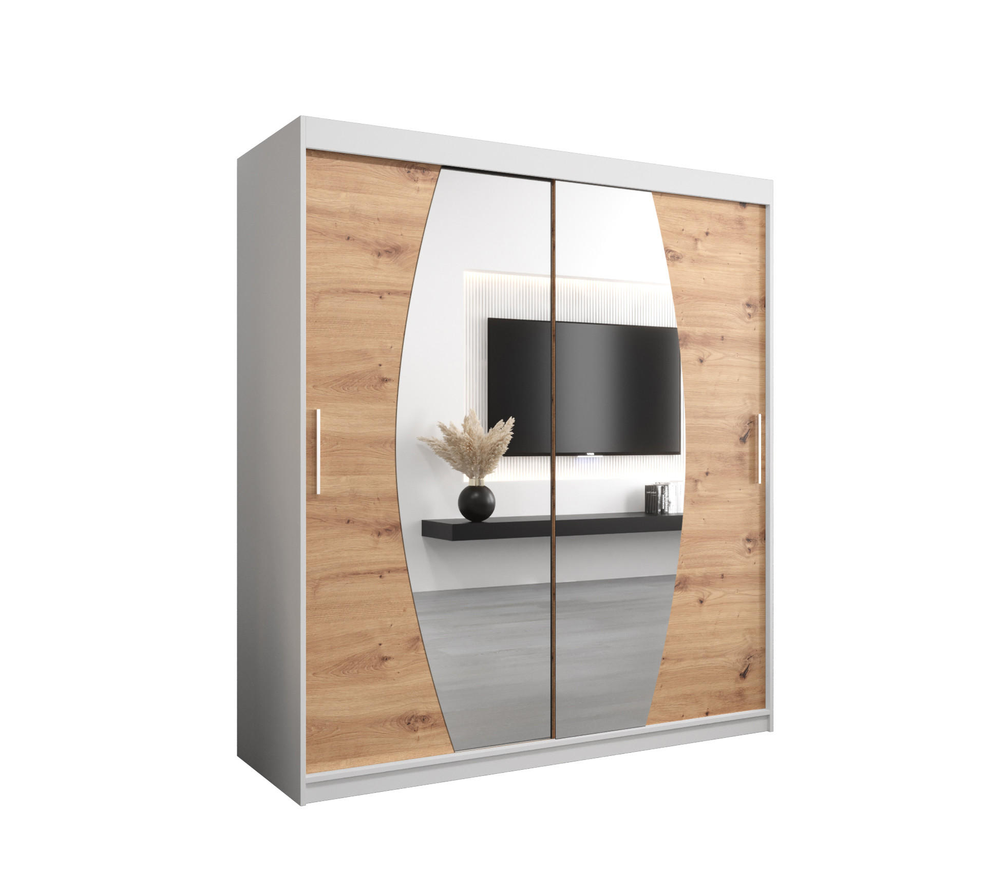 Abiks Möbel Schwebetürenschrank Weiß, Eiche Artisan 180x200x62 cm