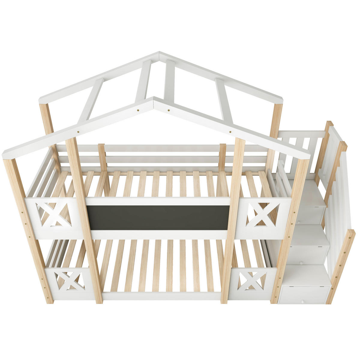 ETAGENBETT 90/200 cm mit Treppe, Stauraum, Tafel und Rausfallschutz, Weiß/Natur - Weiß, Holzwerkstoff - Redom