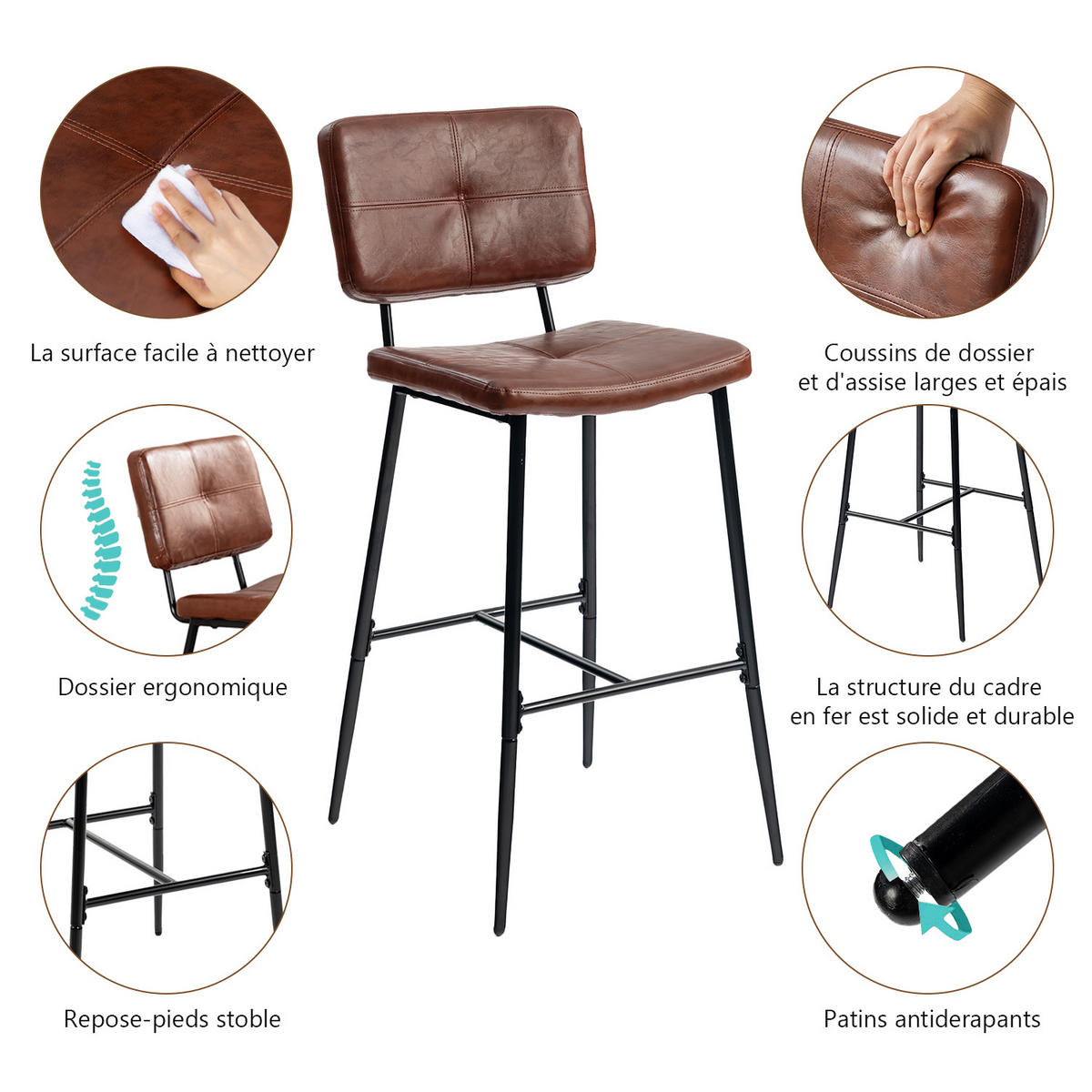 BARHOCKER in Eisen Kunstleder - Dunkelbraun, Metall (46.5/104/53cm) - Meubles Cosy