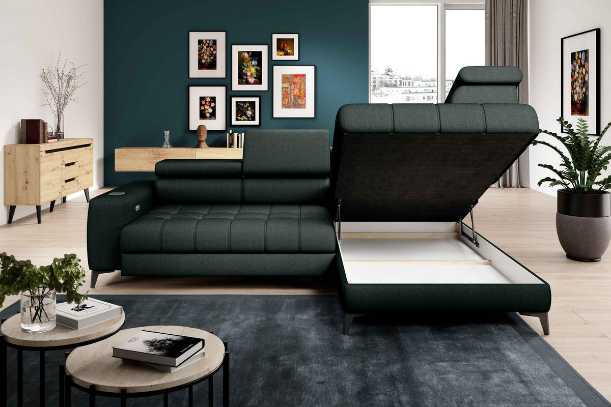 ECKSOFA BAGGIO Letto Stoff, Schlaffunktion, Bettkasten, Sitztiefe, Kopfstützen 280x196cm – Rechts – Dunkelgrün - Dunkelgrün, Holz/Textil (280/196cm) - DomoHome