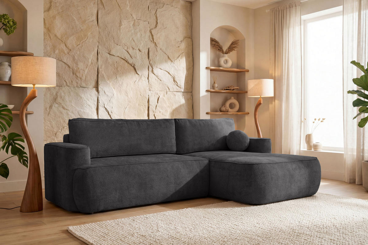 ECKSOFA Marion mit Schlaffunktion & Bettkasten in Chenille Graphit, Schwarz, Rechts 267/154/83 cm - Schwarz/Graphitfarben, Kunststoff/Textil (267/154cm) - WFL GROUP