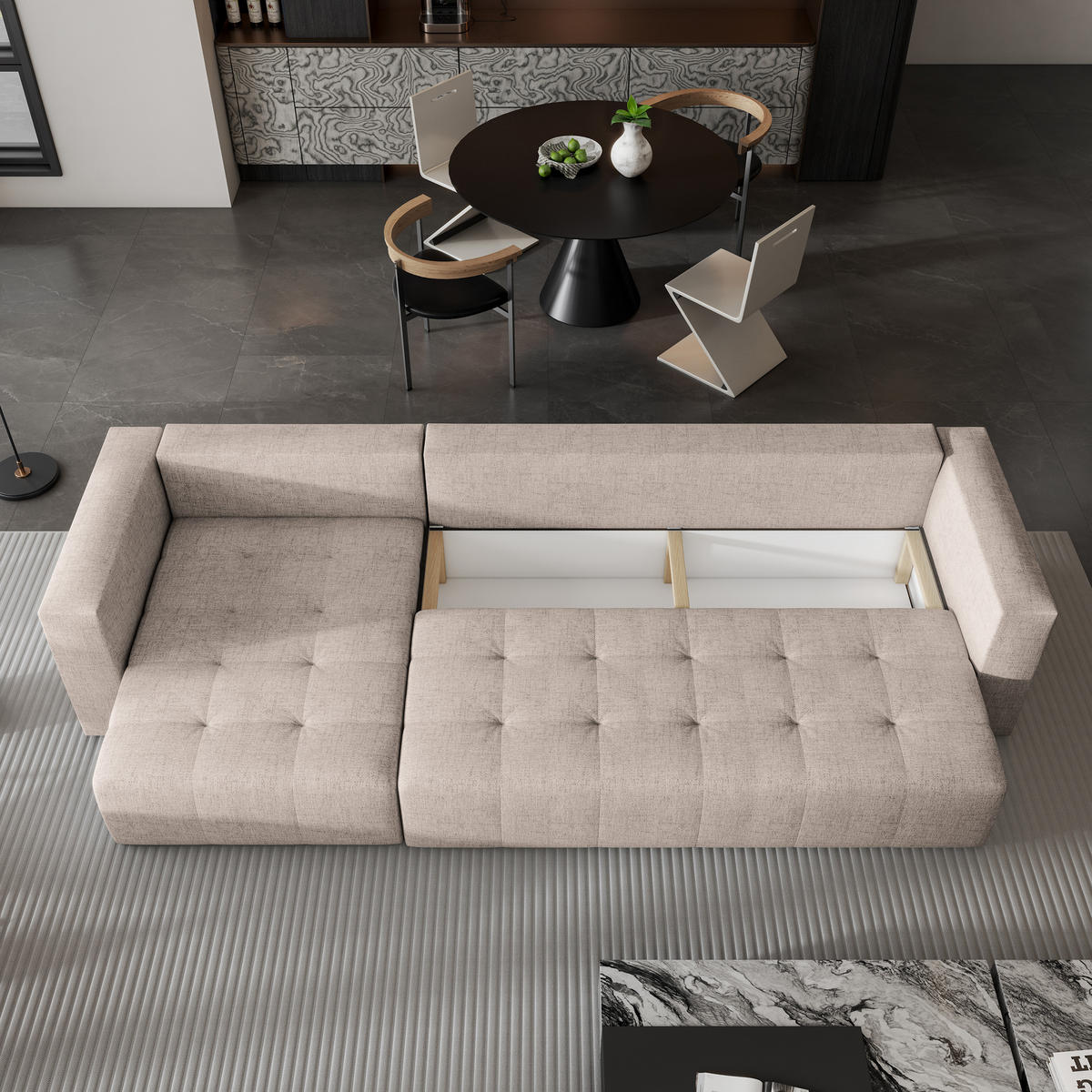 ECKSOFA OLVERA Beige Geflochtener Stoff mit Schlaffunktion - Beige, Holz (347/148cm) - MASSENO