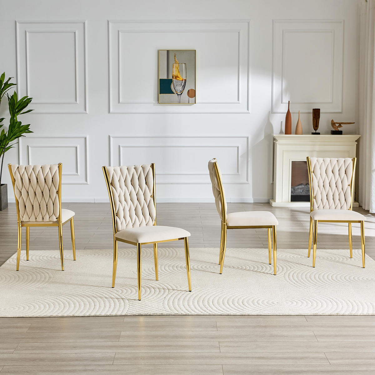 STUHL-SET DE-36807 4 Stück mit handgeflochtenem Muster Beige - Beige, Metall (45/94/58cm) - ComfortXL