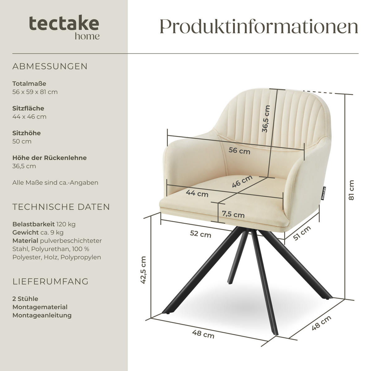 DREHSTUHL 2er Set Lona 56 x 59 x 81 cm crème/schwarz - Creme/Schwarz, Textil (56/81/59cm) - tectake