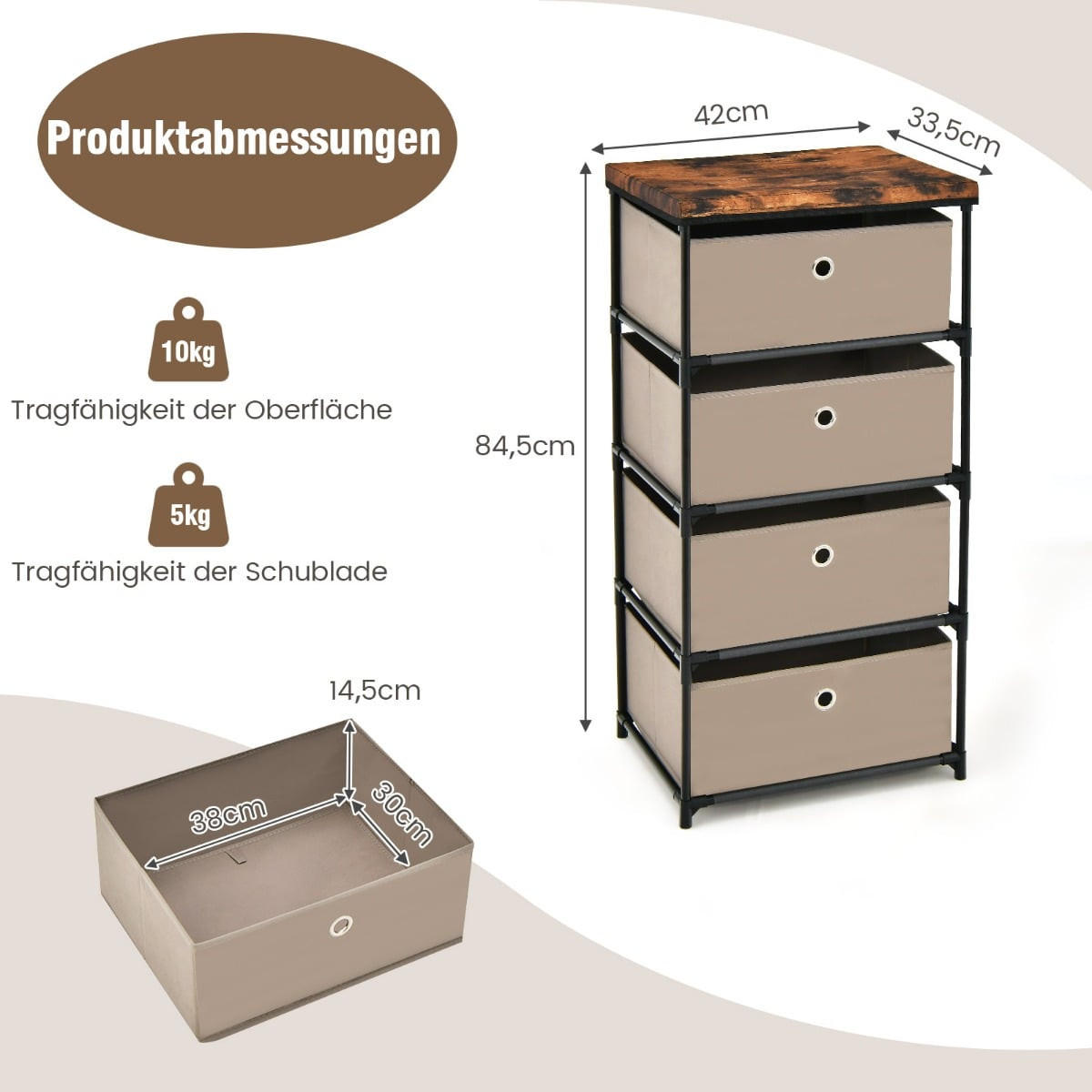 NACHTTISCH Stoffkommode 4 Schubladen 42 x 33,5 x 84,5 cm, Braun - Braun, Textil (42/84.5/33.5cm) - DESIGN IN