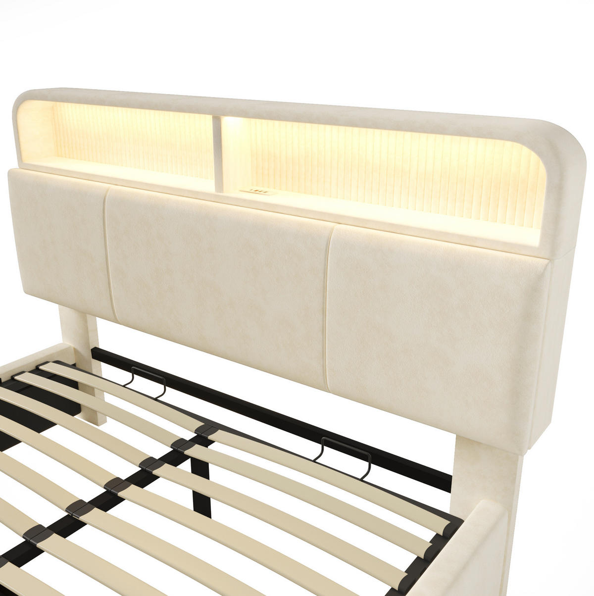 POLSTERBETT aus Samt 140x190 cm Beige mit Bettkasten, LED-Beleuchtung und USB-/Type-C-Ladestation - Beige, Textil (140/190cm) - IVMEU