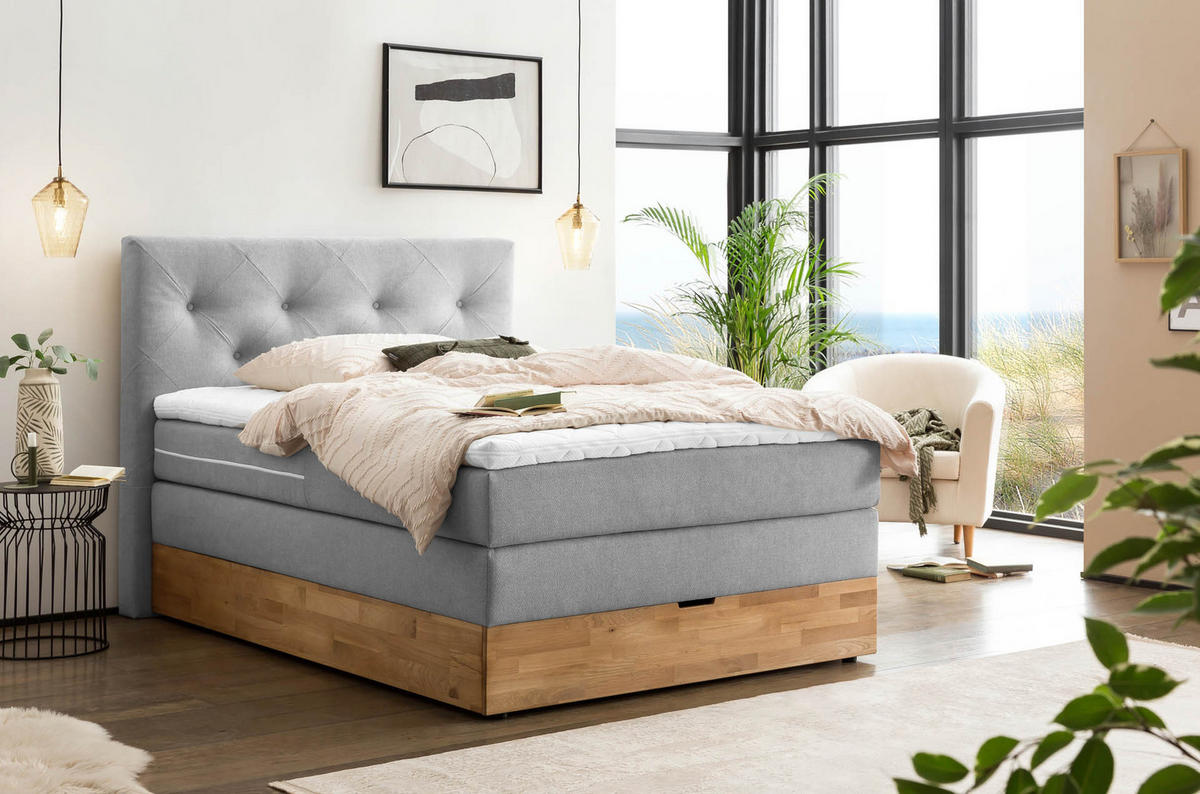BOXSPRINGBETT MARBO 140x200 Hellgrau H2 und H3 mit Bettkasten 7-Zonen Taschenfederkern Matratze inkl. Visco Topper und Eiche - Hellgrau, Textil (140/200cm) - Belanoti