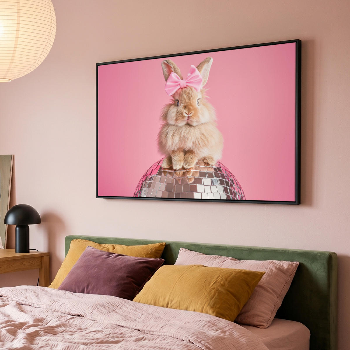 LEINWAND Bilder mit Rahmen - Schleife - Discoball - Kaninchen - 140x90 - Pink, Textil (140/90cm) - MuchoWow