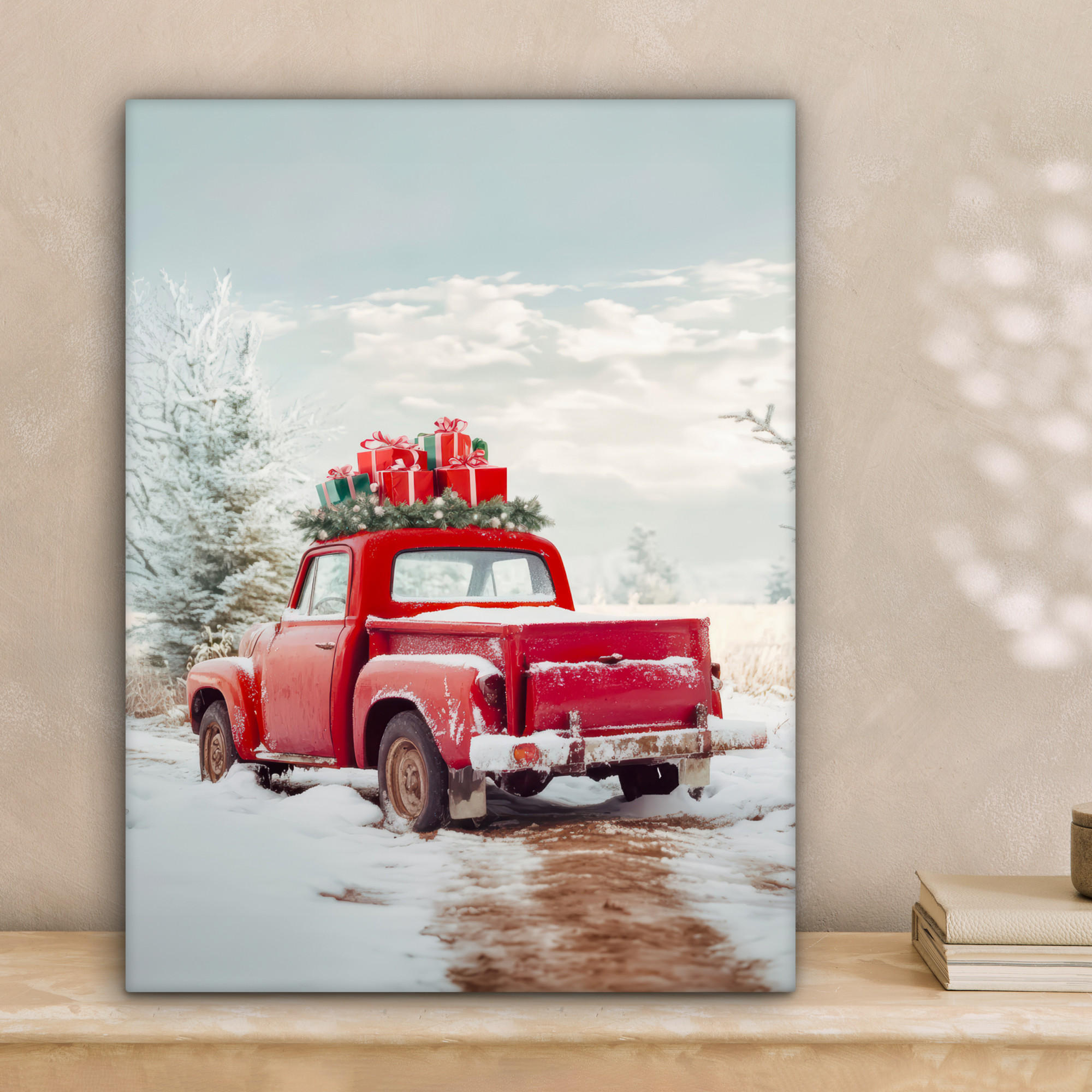 LEINWANDBILD Auto - Rot - Geschenke - Winter - Schnee - Weihnachten 30x40 cm - Rot, Textil (30/40cm) - MuchoWow