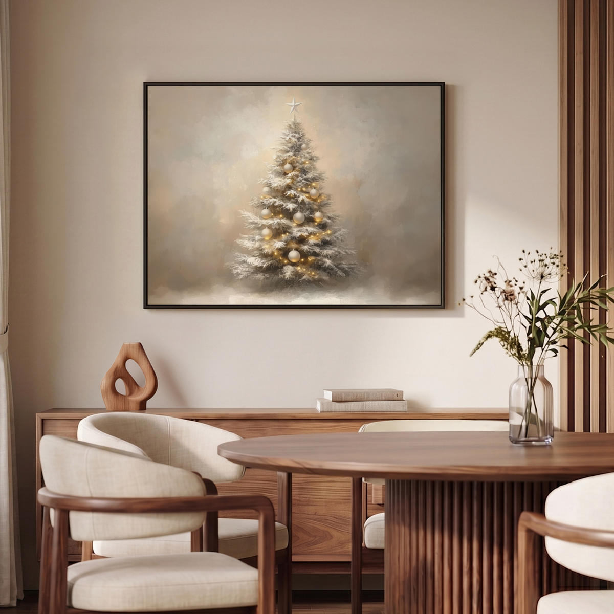 LEINWAND Bilder mit Rahmen - Weihnachten - Weihnachtsbaum - Schnee - Kunst - 100x70 - Champagner, Textil (100/70cm) - MuchoWow