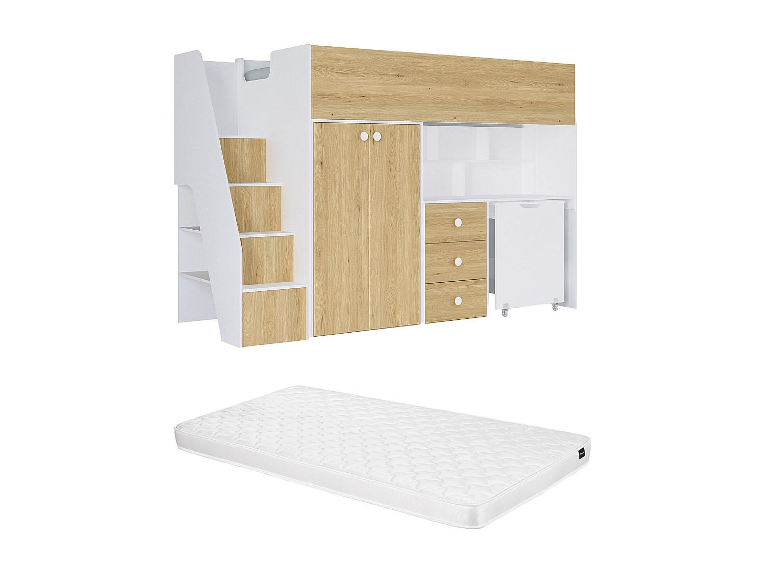 HOCHBETT mit Kleiderschrank & Schreibtisch + Matratze - 90 x 190 cm - Weiß & Holzfarben - LANILATO - Naturfarben, Holz (97.5/235.1cm) - Vente-Unique