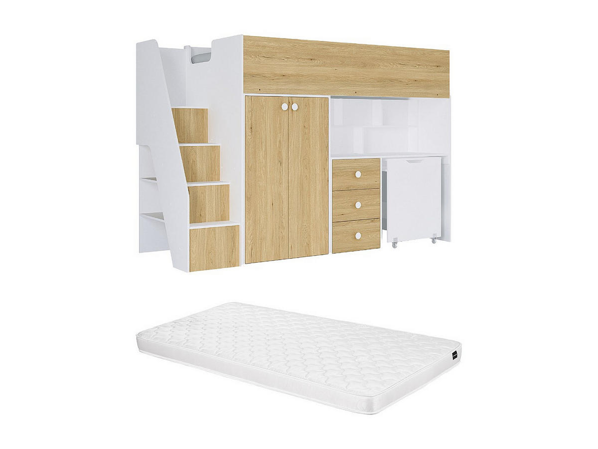HOCHBETT mit Kleiderschrank & Schreibtisch + Matratze - 90 x 190 cm - Weiß & Holzfarben - LANILATO - Naturfarben, Holz (97.5/235.1cm) - Vente-Unique
