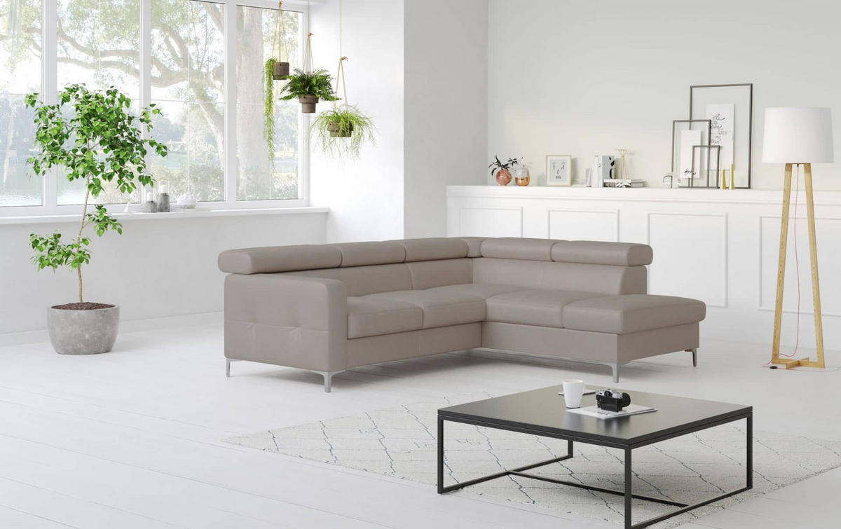 ECKSCHLAFSOFA aus Echtleder mit Schlaffunktion und Bettkasten - Chromfarben/Silberfarben, Leder/Holz (207/242cm) - Cotta