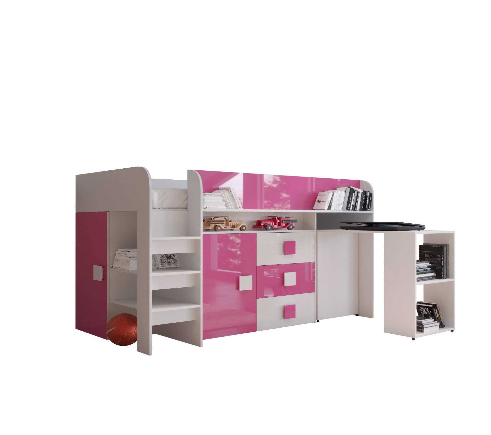Möbel Kryspol Hochbett Weiß, Pink 90x200 cm