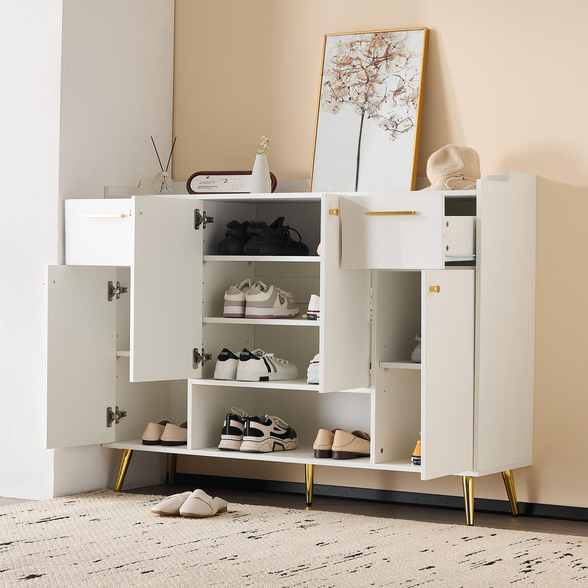 SCHUHSCHRANK 130/37/100 cm weiß aus Spanplatte mit 2 Schubladen - Weiß, Holzwerkstoff (130/100/37cm) - OKWISH
