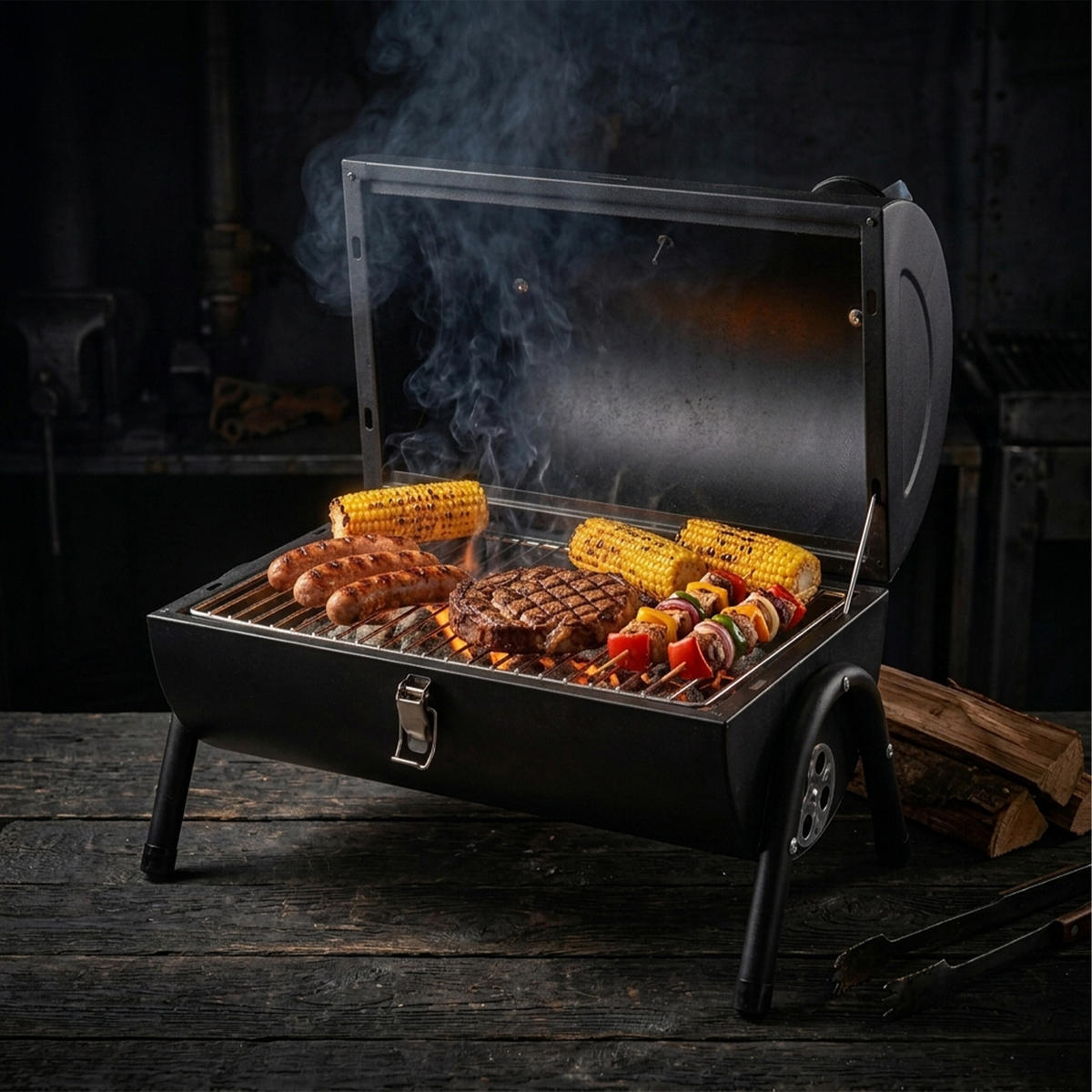 CAMPINGGRILL - Schwarz, Holz/Metall (41/35/29cm) - Relaxdays