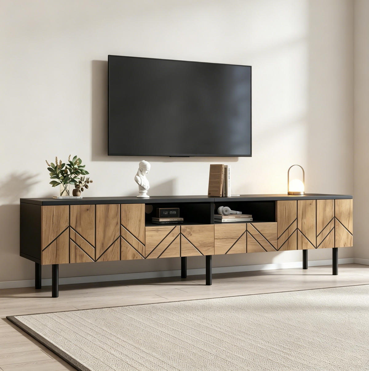 TV-LOWBOARD 180/40/45 cm schwarz/natur aus Spanplatte mit 2 Schubladen und 2 Türen - Schwarz, Holzwerkstoff (180/45/40cm) - OKWISH