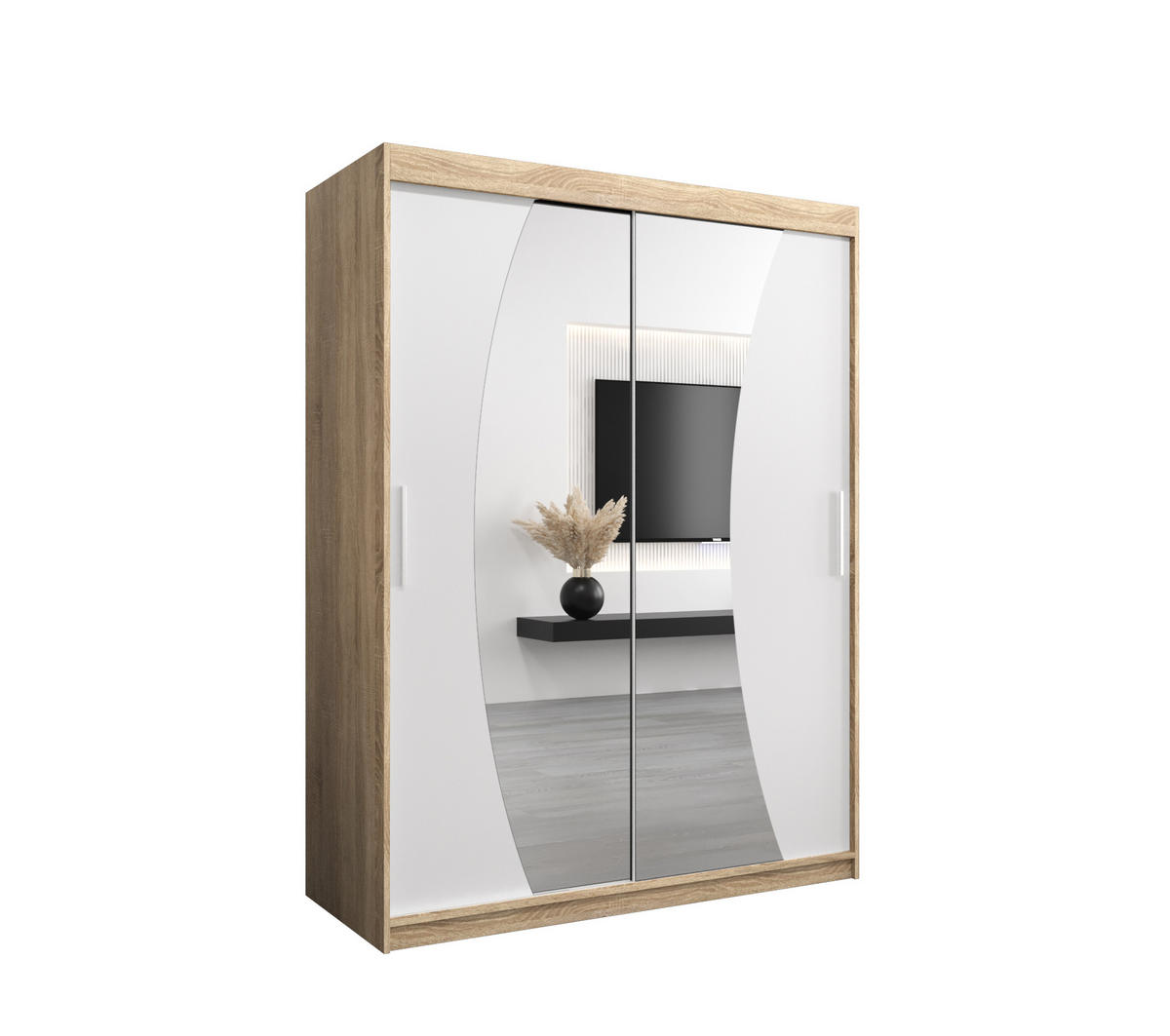 SCHWEBETÜRENSCHRANK 200/150/62 2-türig - Silberfarben/Weiß, Holz/Kunststoff (150/200/62cm) - Abiks Möbel