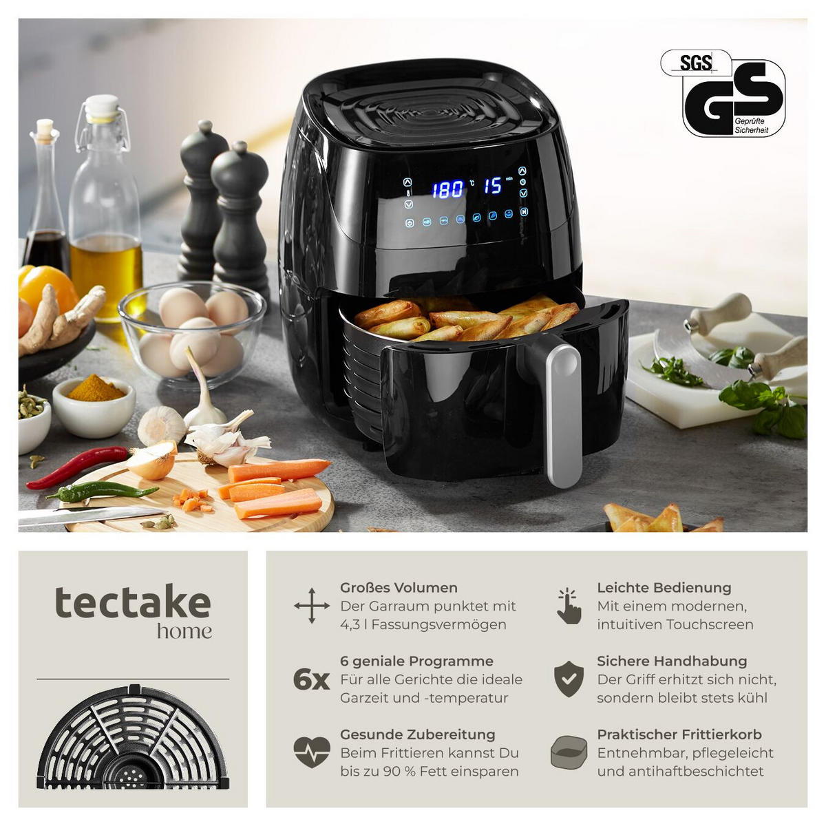 HEISSLUFTFRITTEUSE Yaiza, inklusive Rezeptheft, schwarz - Schwarz, Textil (37.5/32.5/28cm) - tectake