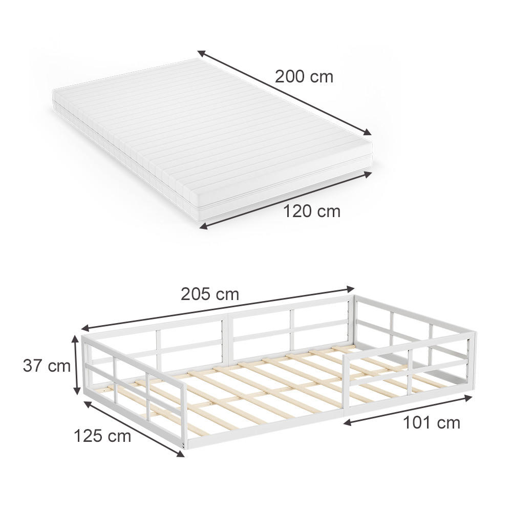 BODENBETT AUS METALL Minno Weiß 120x200 mit Matratze - Weiß, Metall - VitaliSpa