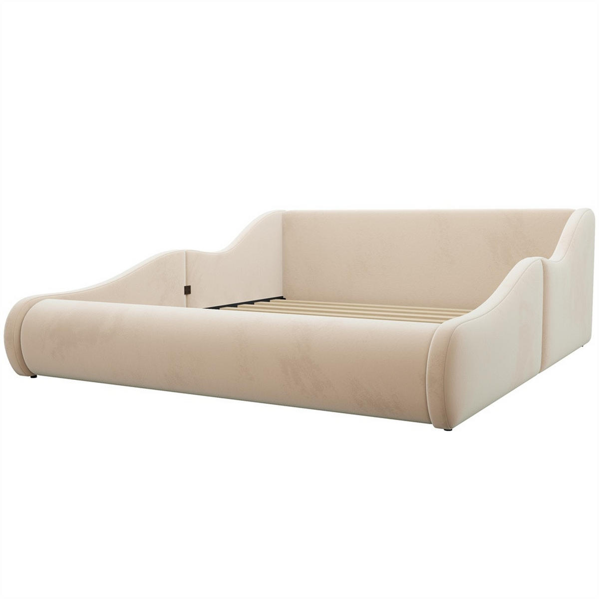 POLSTERBETT 90x200 cm mit hohem Kopfteil und Seitenschutzgittern - Samtstoff - ohne Matratze - Beige - Beige, Textil (90/200cm) - DELFA