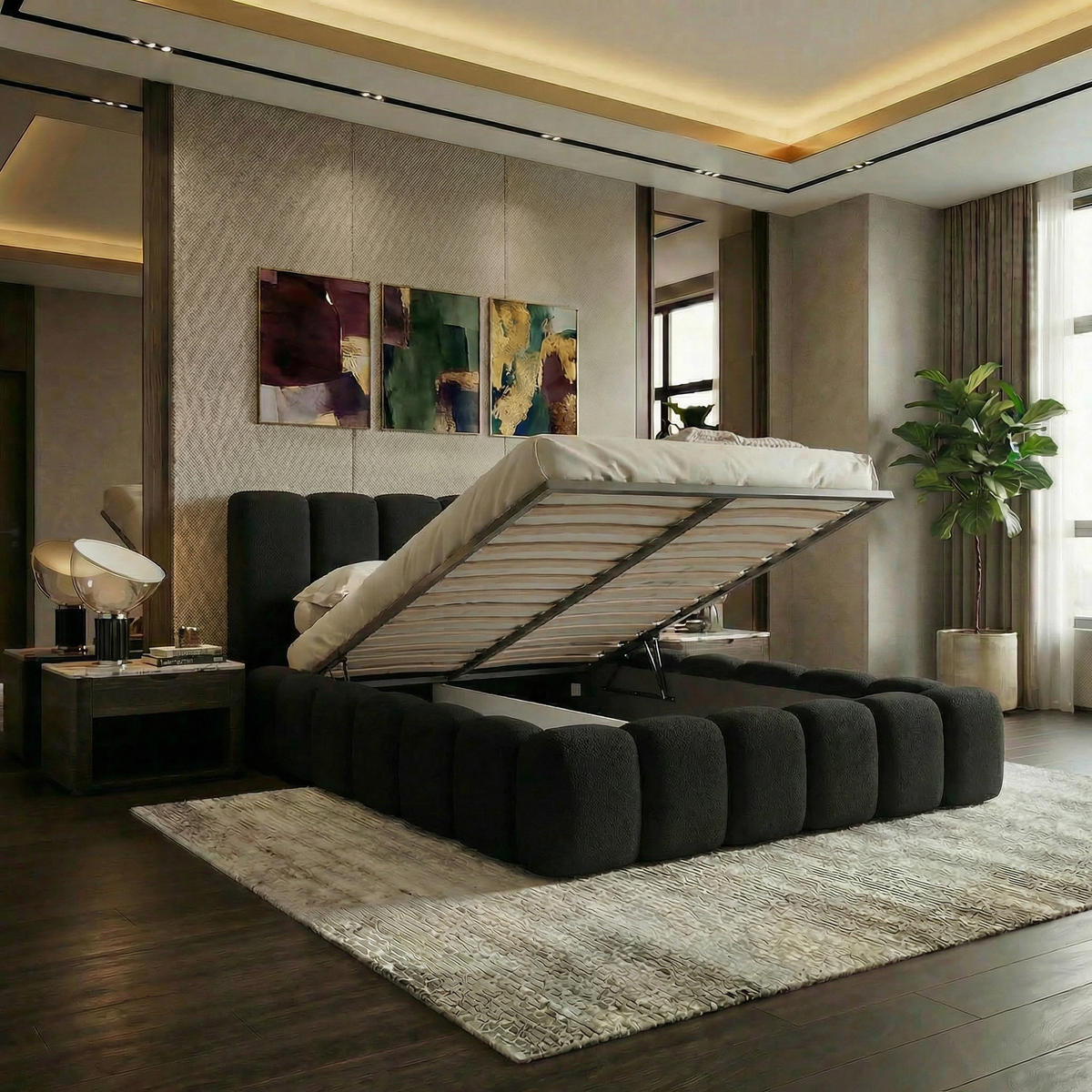 POLSTERBETT VELORA 200x200cm mit Bettkasten & Metallgestell - Bouclé Stoff SCHWARZ GERRA - Schwarz, Textil (200/200cm) - Luxkor24