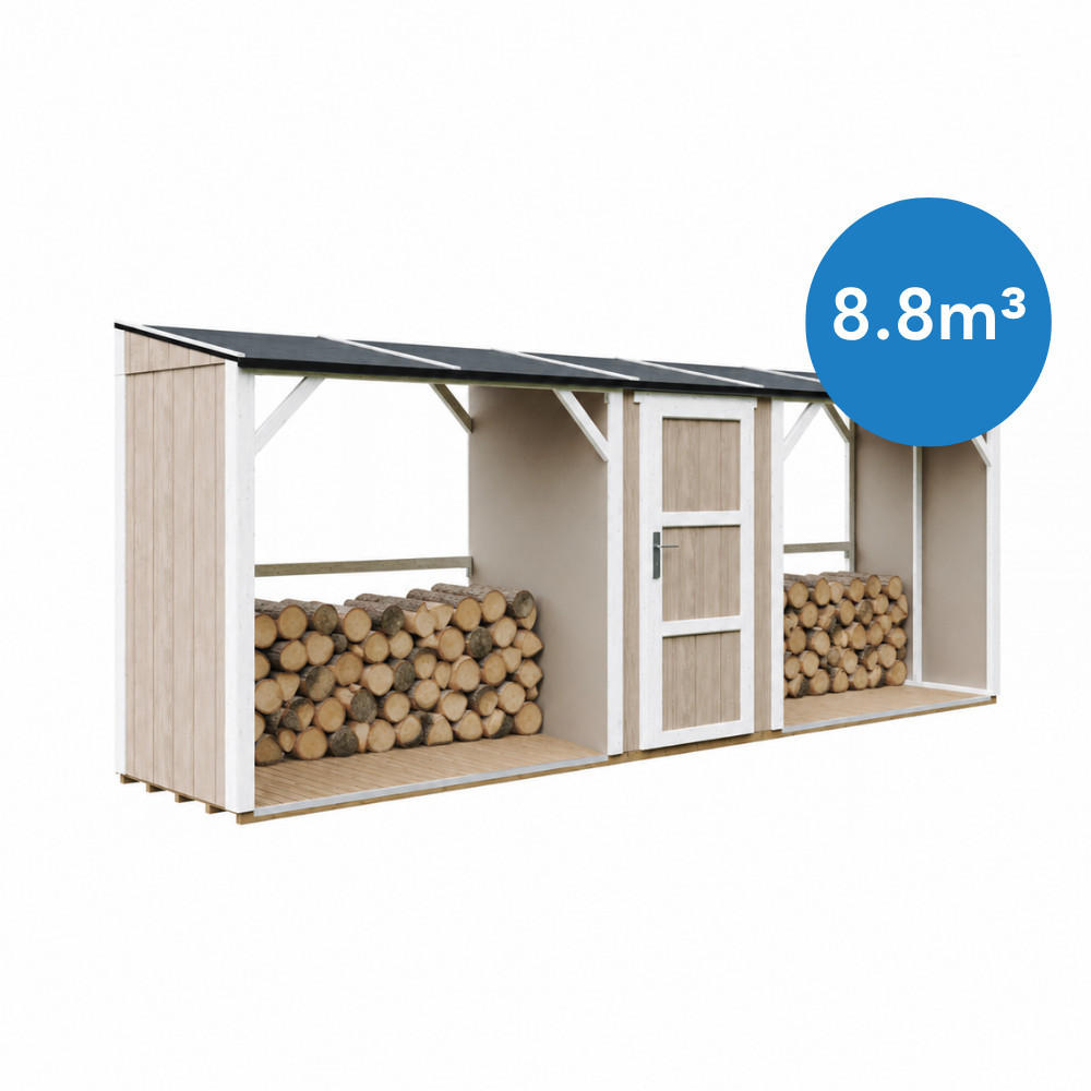 TIMBELA M986-TERRA BROWN Dvojitý Prístrešok na Drevo s Úložným Priestorom 6,49 m², dve zóny na palivové drevo s celkovou kapacitou ~8,8 m³ - hnedá, drevo (118/220/550cm) - Timbela