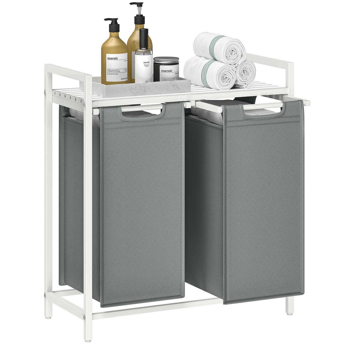 WÄSCHEKORB 2 Fächer Weiß und Grau – H71 cm - Grau, Holzwerkstoff (33/71/8.8cm) - Calicosy
