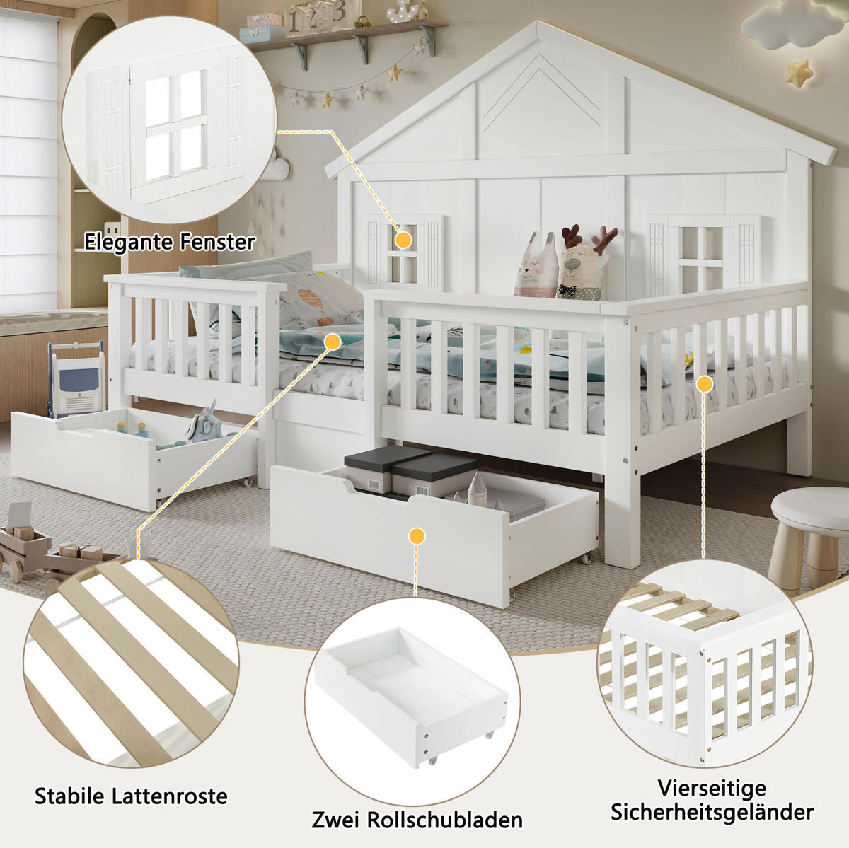 KINDERBETT 90/200 cm mit 2 Schubladen, Dach und Fenstern aus Kiefer/MDF, Weiß - Weiß, Holz (90/200cm) - Redom