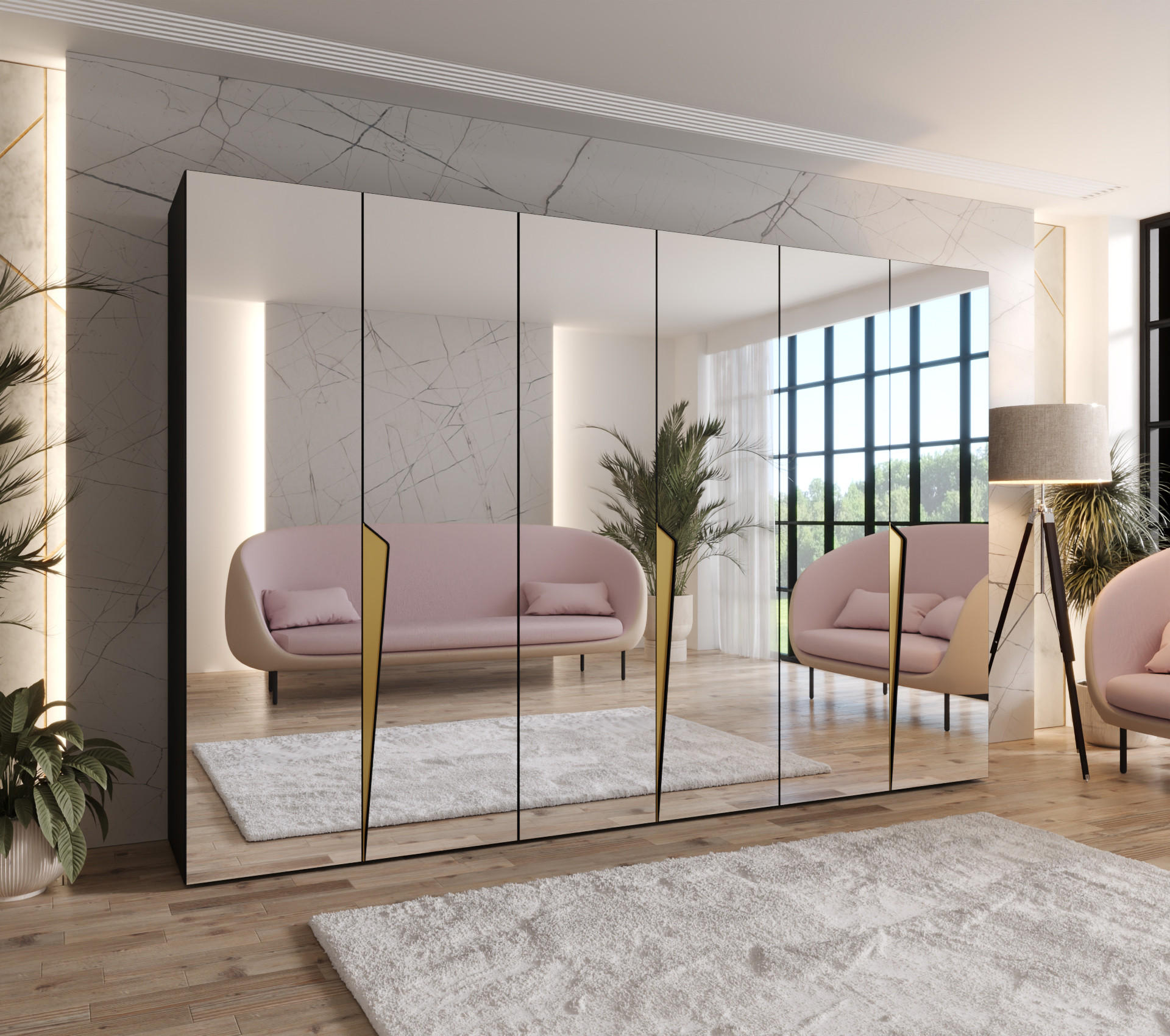 DREHTÜRENSCHRANK 202/300/52 6-türig - Goldfarben/Schwarz, Holz/Metall (300/202/52cm) - Abiks Möbel