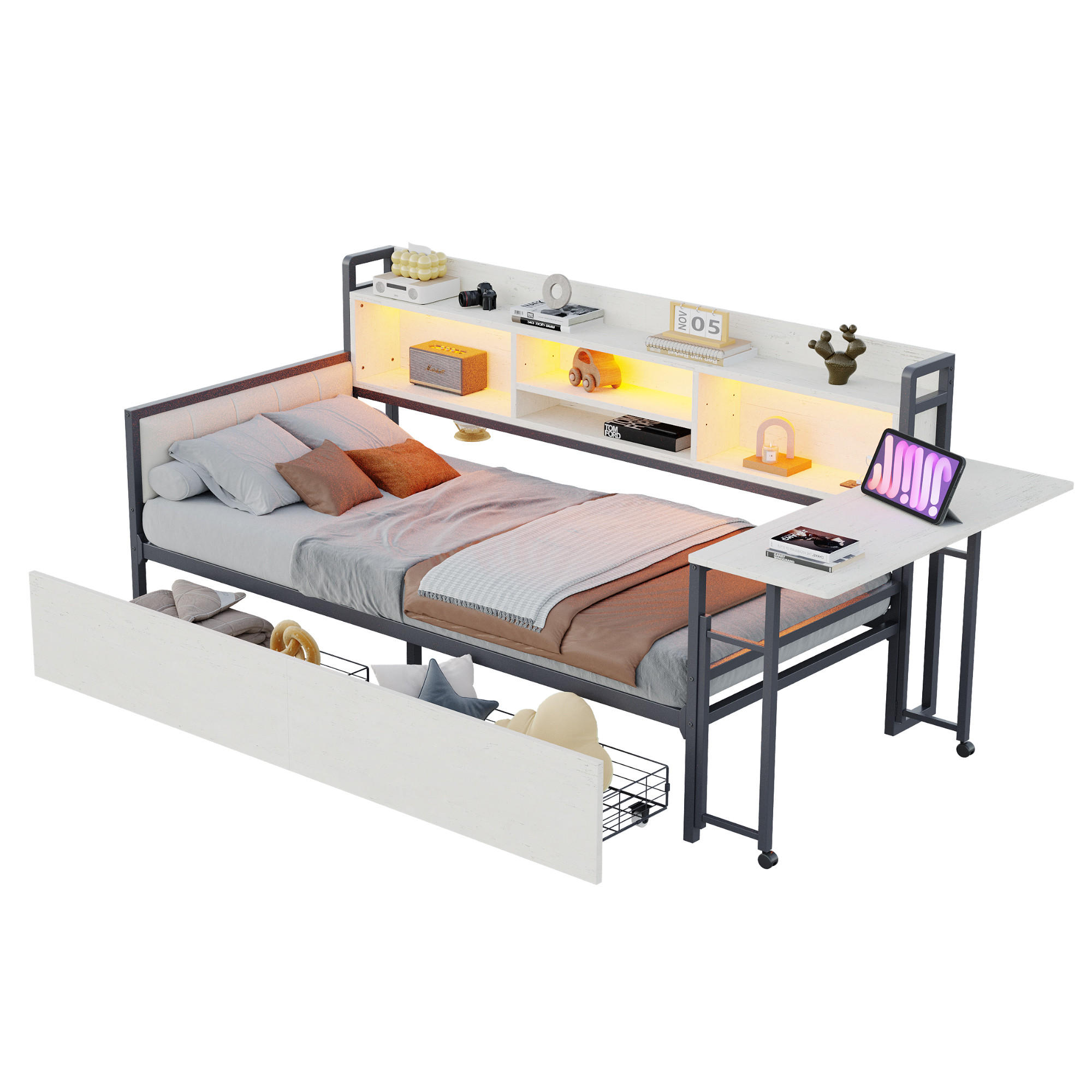 BETT 90/200 cm mit LED-Beleuchtung und Schreibtisch Weiß - Weiß, Metall (90/200cm) - OKWISH