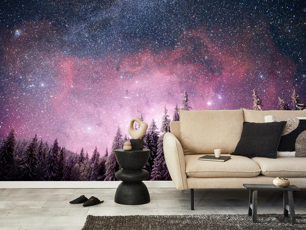 FOTOTAPETE für Schlafzimmer Verzauberter Tannenwald Winter Aurora 500x350 - Violett/Schwarz, Papier (500/350cm) - Muralo