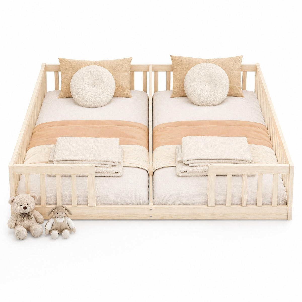 KINDERBETT 90/200 mit 2 Liegeflächen, Sicherheitsgeländer und Lattenrost in Natur - Naturfarben, Holzwerkstoff (90/200cm) - EVRYAE
