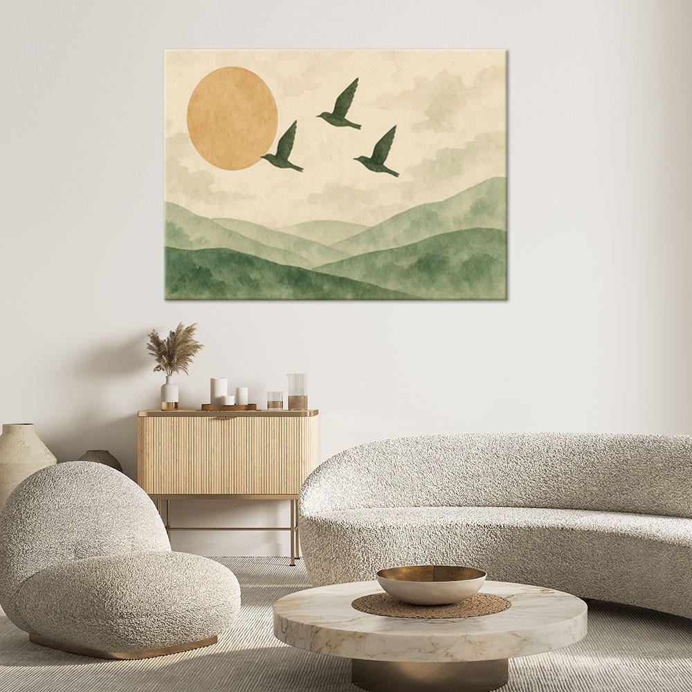 LEINWANDBILD Vögel Berge Aquarell Grün Beige 120x80cm - Beige, Textil (120/80cm) - Feeby