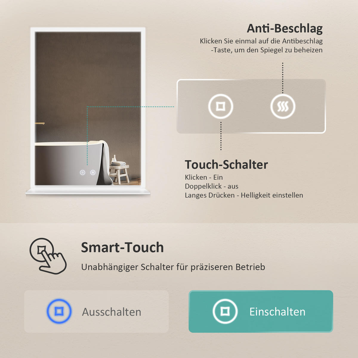 BADSPIEGEL mit Beleuchtung mit Ablage 70/50 cm - Weiß, Glas (50/3.5/70cm) - EMKE