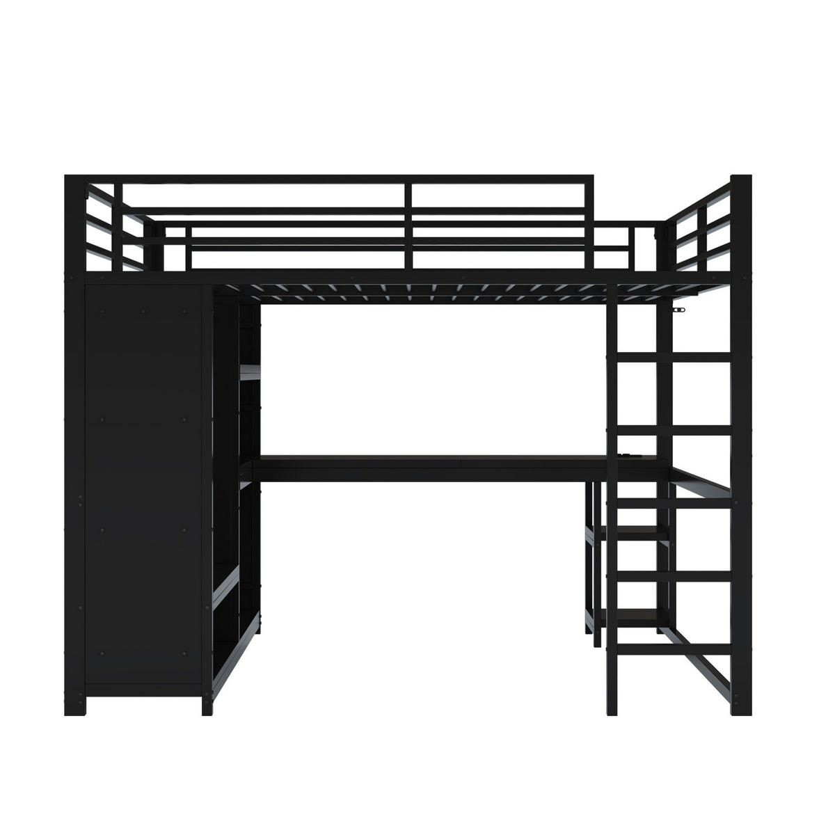 HOCHBETT aus Metall 160x200 cm Schwarz mit LED, Schreibtisch und offenem Kleiderschrank - Schwarz, Metall (90/200cm) - Modfu