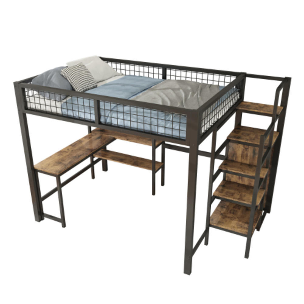 HOCHBETT 140 × 200 cm aus Metall und MDF mit Schreibtisch, Regalen und Kleiderschrank, schwarz - Schwarz, Holzwerkstoff - Luhomfu